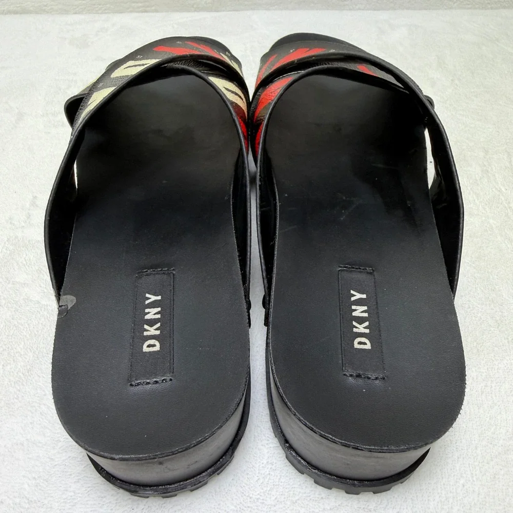 DKNY Womens Platform Slide Sandals Black Red White Crisscross Straps Studded